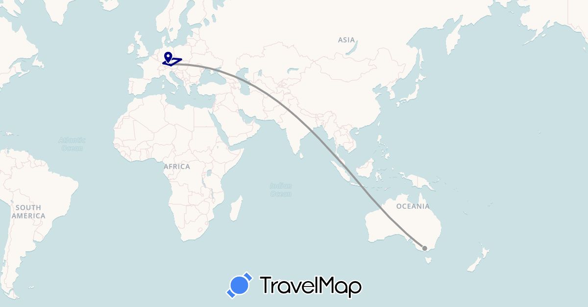 TravelMap itinerary: driving, plane in Austria, Australia, Czech Republic, Germany, Singapore (Asia, Europe, Oceania)
